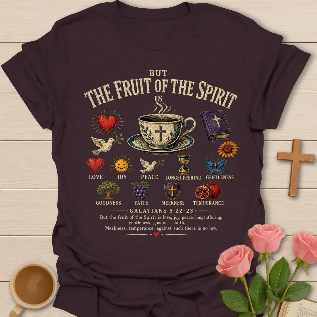 The Fruit of the Spirit Is shirt with the nine fruits listed in cream vintage lettering and botanical accents. - Dark Chocolate