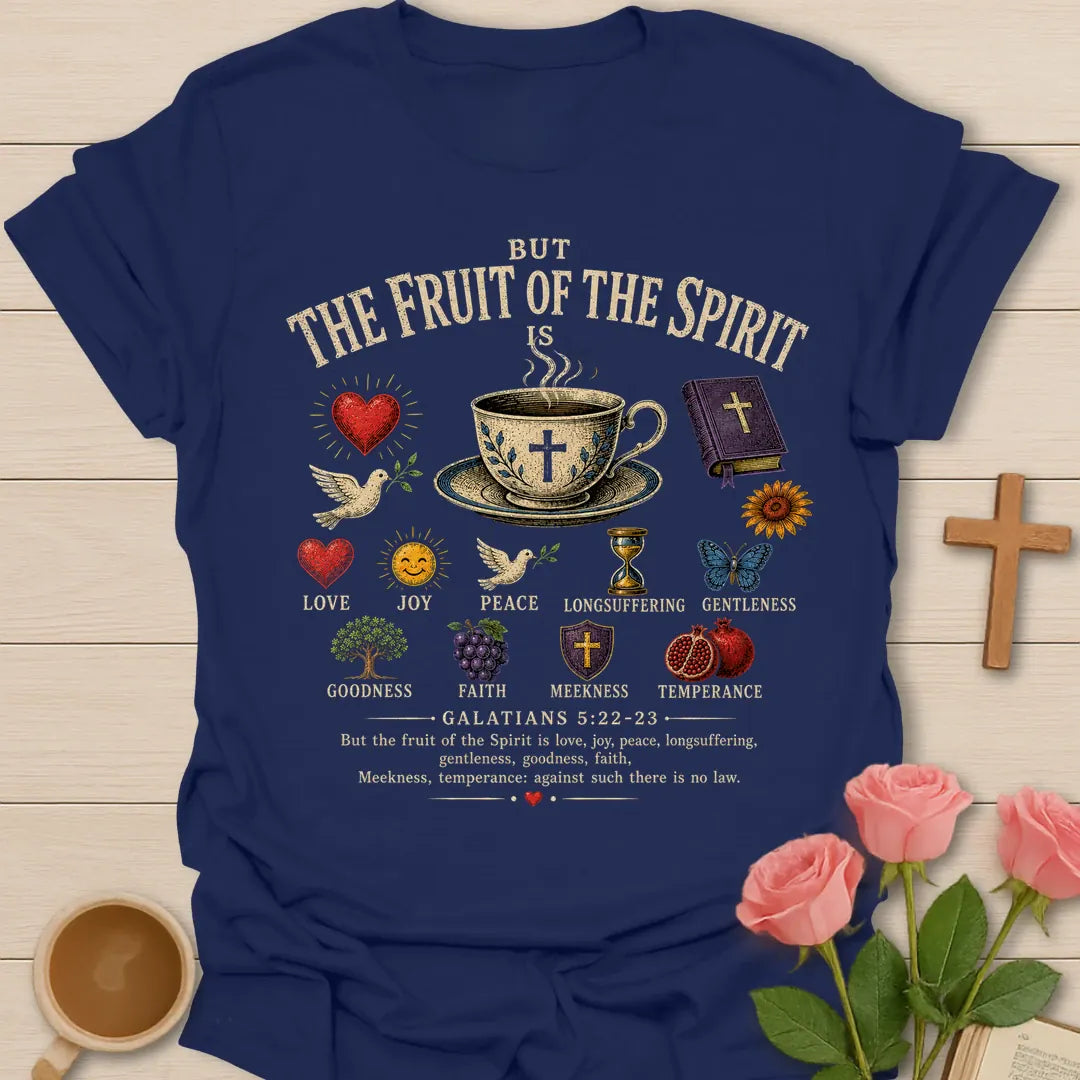 The Fruit of the Spirit Is shirt with the nine fruits listed in cream vintage lettering and botanical accents. - Navy