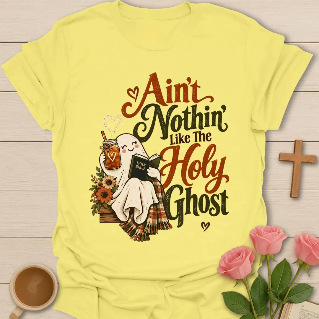 The Holy Ghost funny Christian t-shirt with playful faith-inspired tea lettering design - Cornsilk