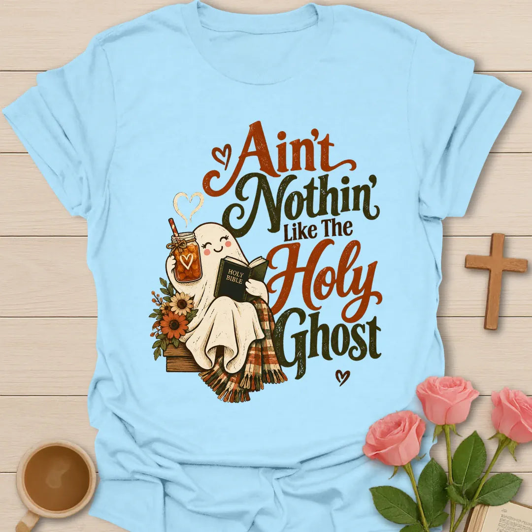 The Holy Ghost funny Christian t-shirt with playful faith-inspired tea lettering design - Light Blue