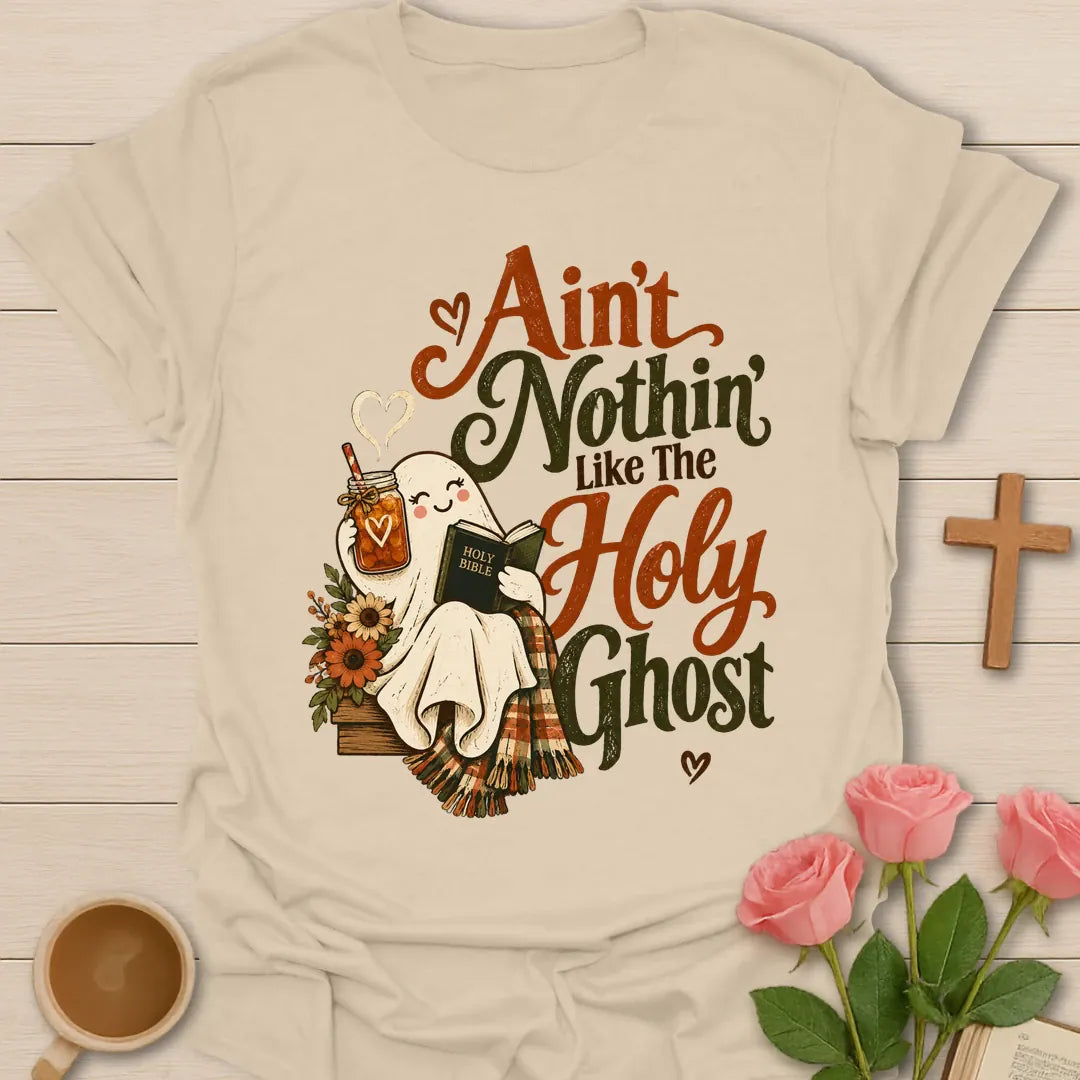 The Holy Ghost funny Christian t-shirt with playful faith-inspired tea lettering design - Sand
