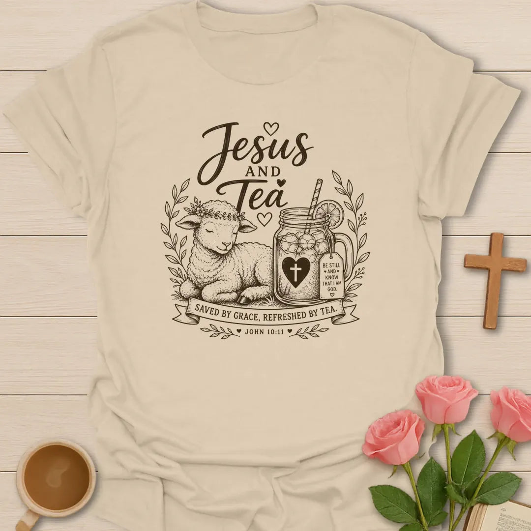 Sand The Lamb Jesus and Tea shirt with lamb, mason jar iced tea, cross heart, leaves, ribbon, and John 10:11 text.