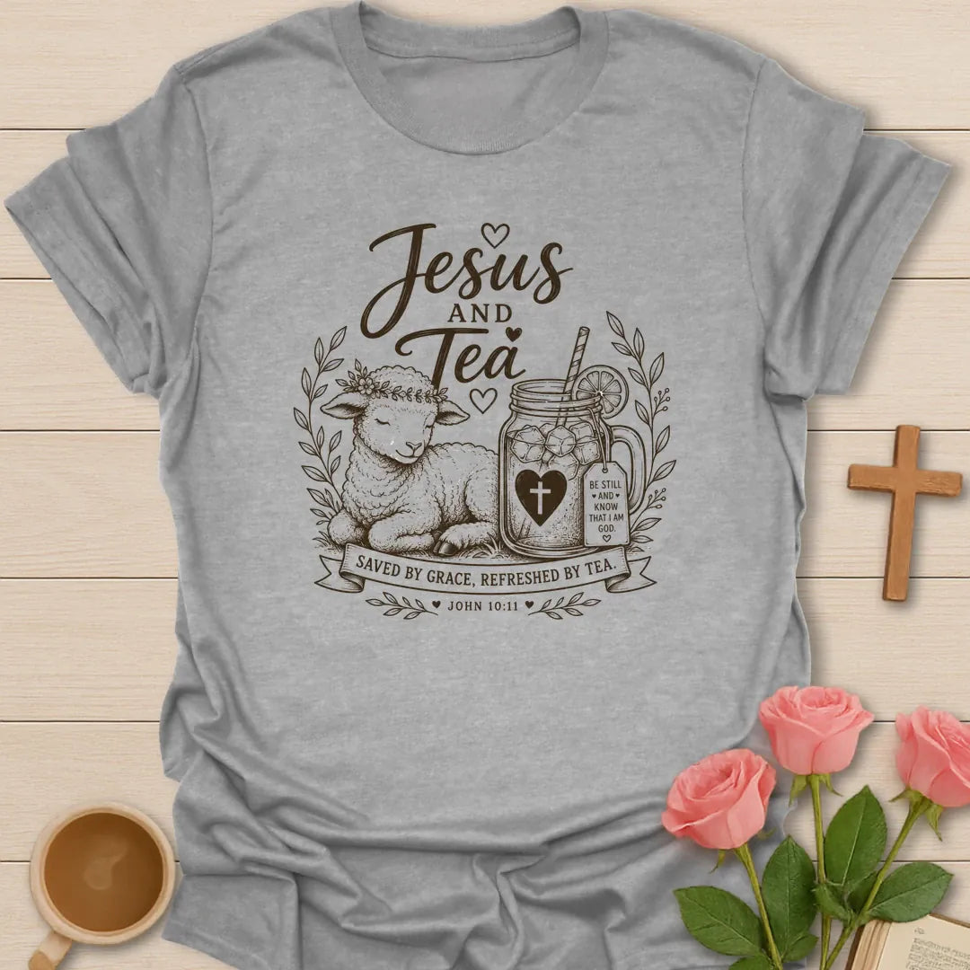 Sport Grey The Lamb Jesus and Tea shirt with lamb, mason jar iced tea, cross heart, leaves, ribbon, and John 10:11 text. 