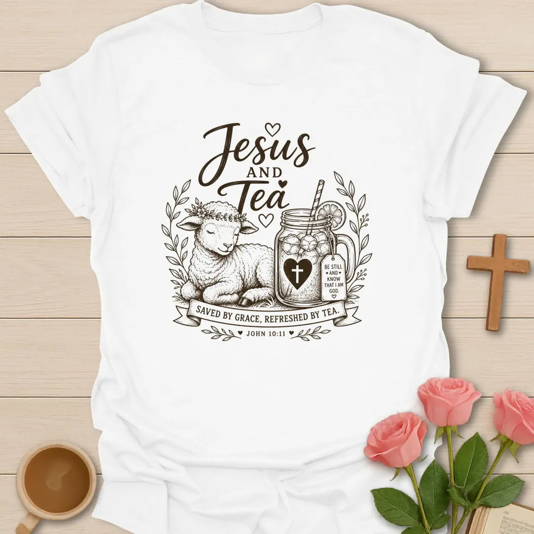 White The Lamb Jesus and Tea shirt with lamb, mason jar iced tea, cross heart, leaves, ribbon, and John 10:11 text. 
