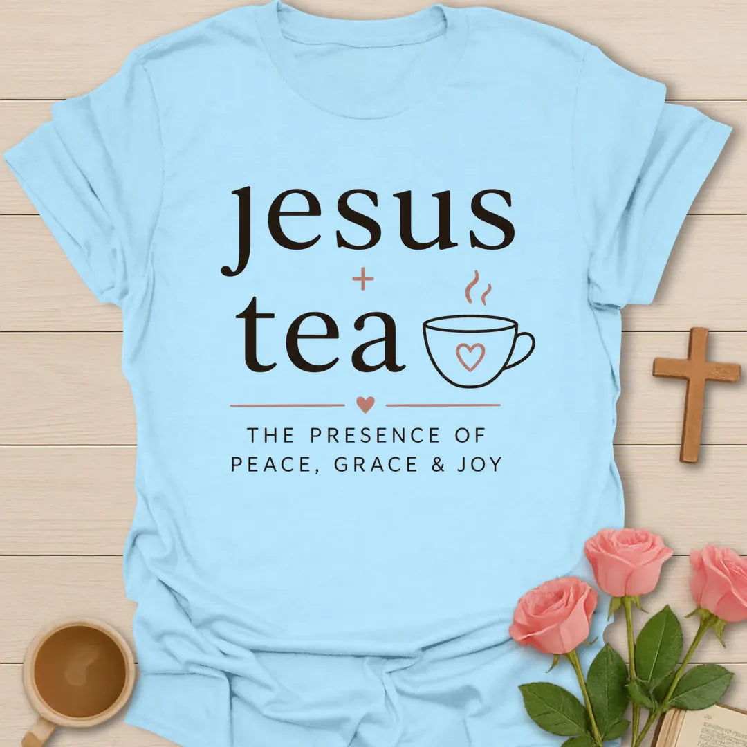The Presence Of Peace shirt with dove, cross, teacup, and cream vintage lettering. - Light Blue