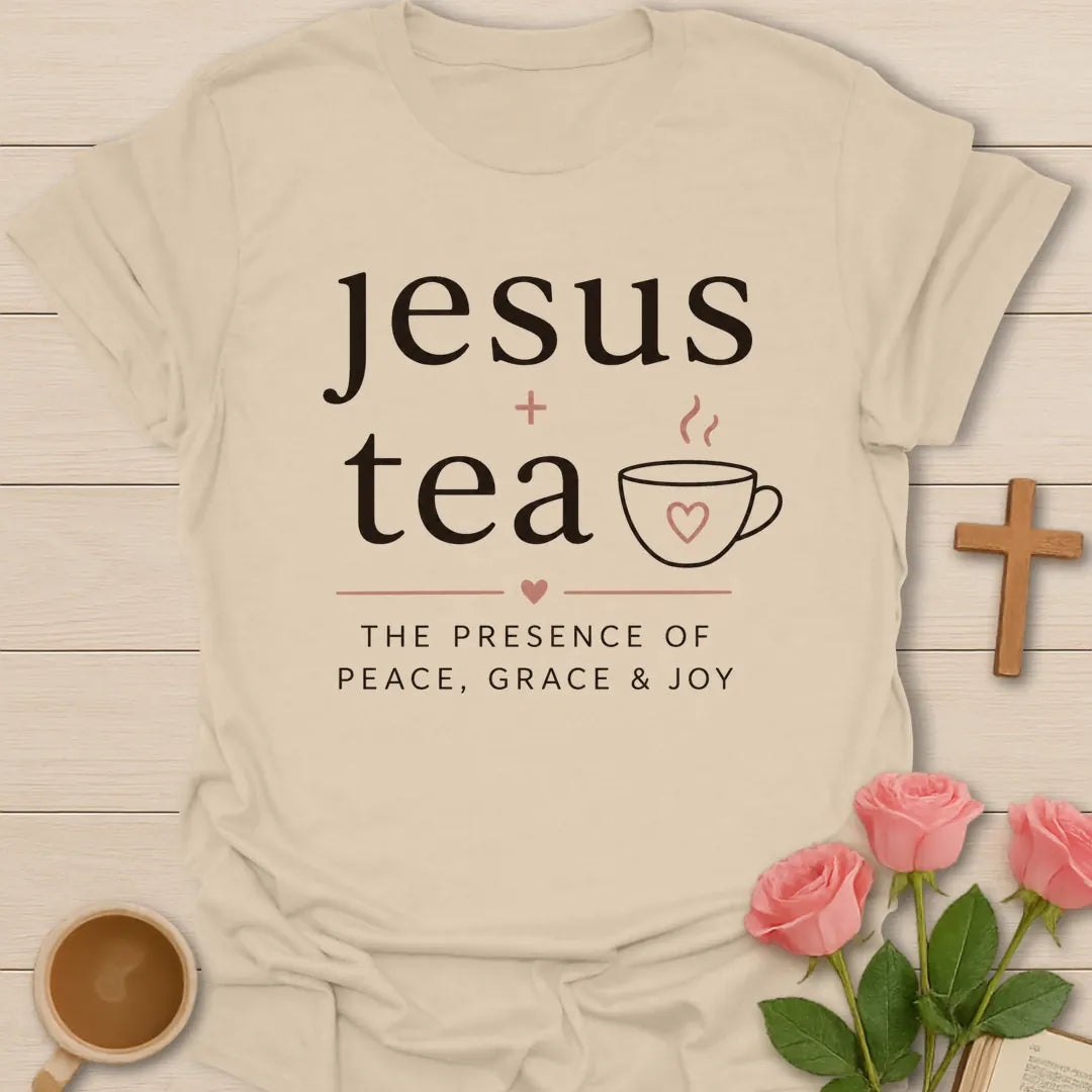 The Presence Of Peace shirt with dove, cross, teacup, and cream vintage lettering. - Sand
