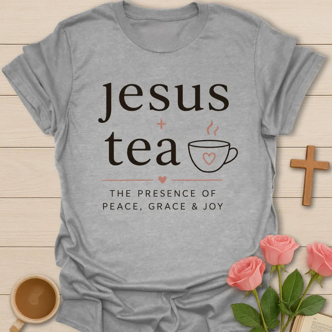 The Presence Of Peace shirt with dove, cross, teacup, and cream vintage lettering. - Sport Grey