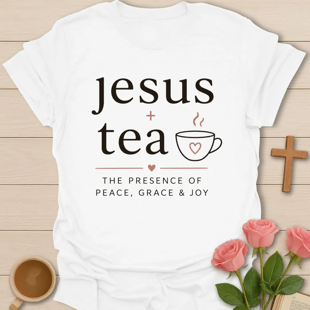 The Presence Of Peace shirt with dove, cross, teacup, and cream vintage lettering. - White