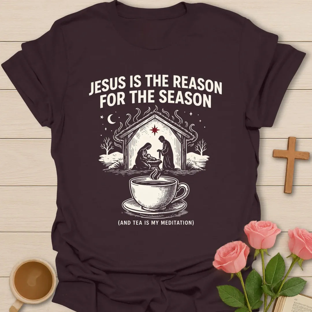 Jesus is the Reason for the Season shirt with nativity scene, steaming teacup, stars, and Christmas faith text. - Dark Chocolate