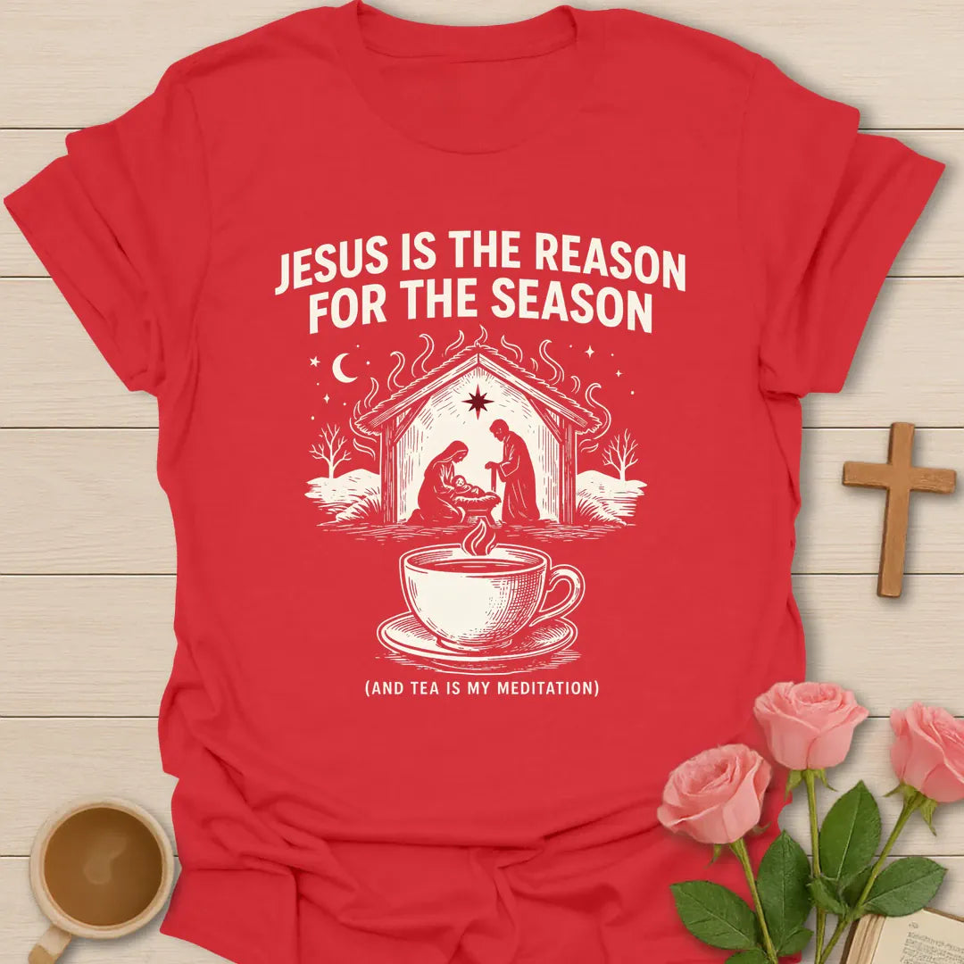 Jesus is the Reason for the Season shirt with nativity scene, steaming teacup, stars, and Christmas faith text. - Red