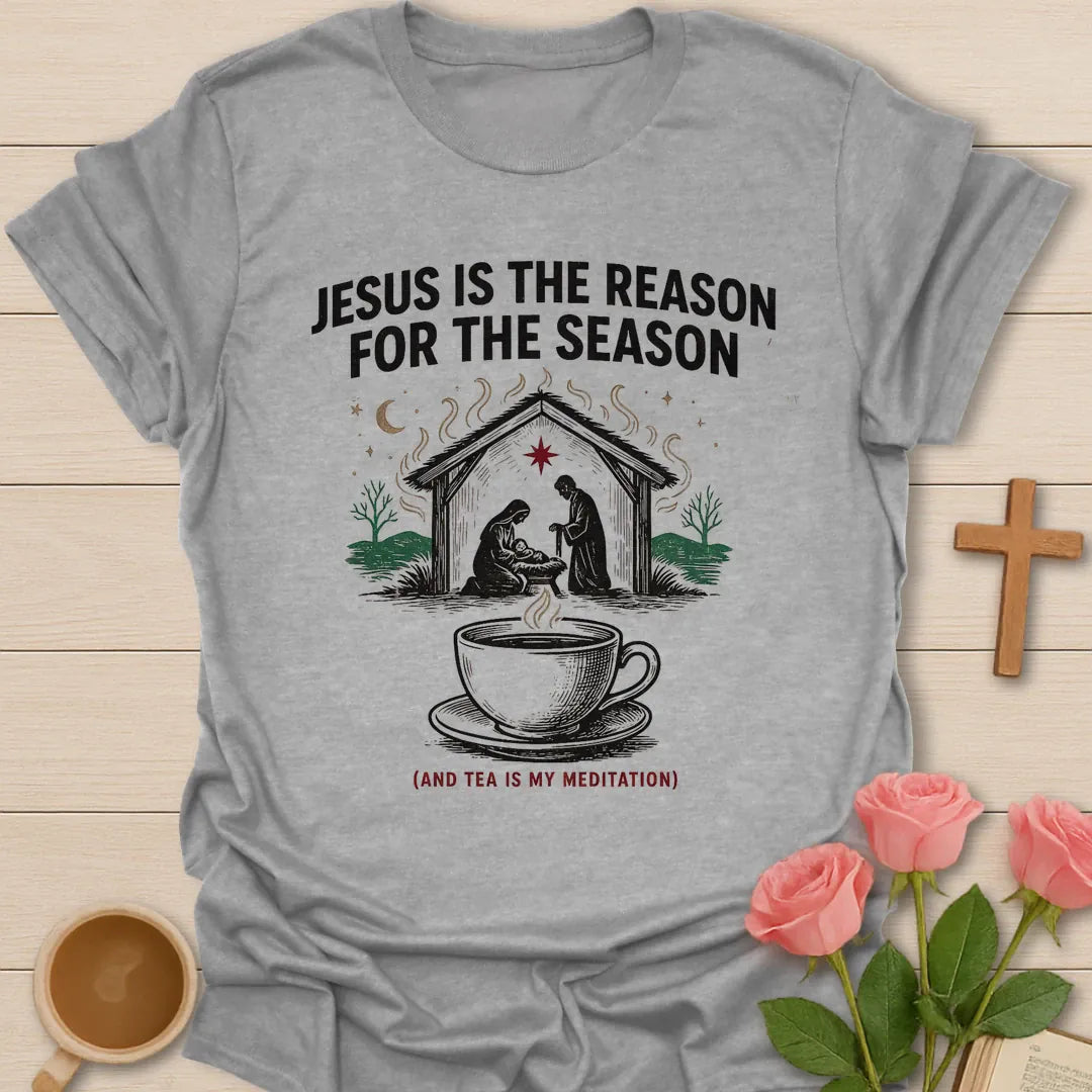 Jesus is the Reason for the Season shirt with nativity scene, steaming teacup, stars, and Christmas faith text. - Sport Grey