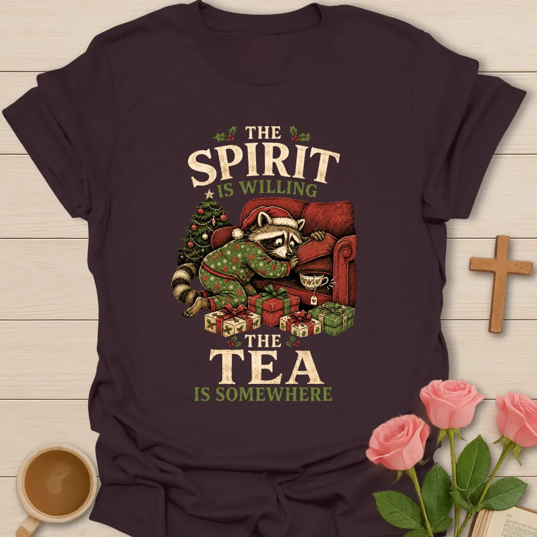 The Spirit Is Willing The Tea Is Somewhere Christmas T-shirt with funny raccoon, teacup, tree and presents - Dark Chocolate