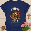 The Spirit Is Willing The Tea Is Somewhere Christmas T-shirt with funny raccoon, teacup, tree and presents - Navy