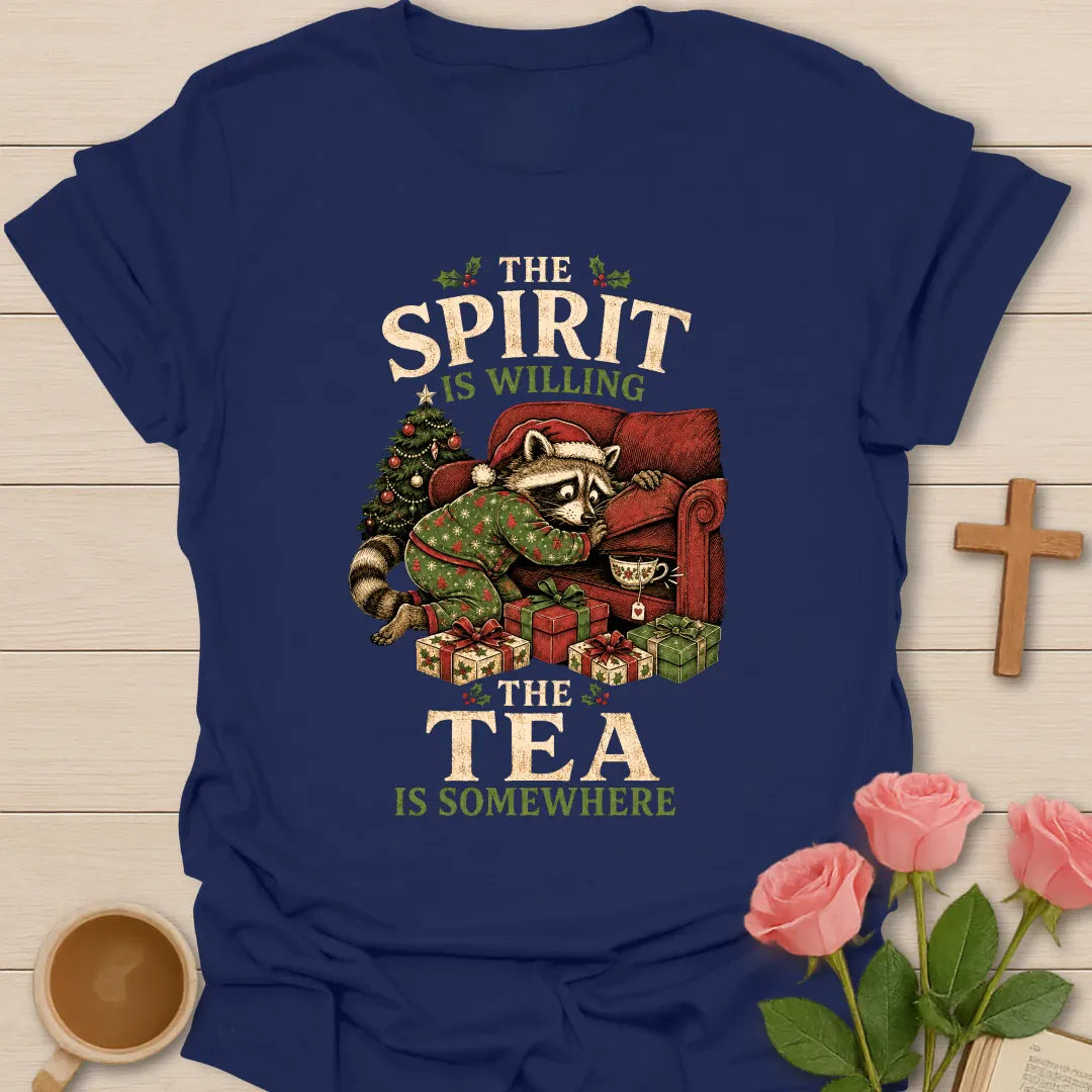 The Spirit Is Willing The Tea Is Somewhere Christmas T-shirt with funny raccoon, teacup, tree and presents - Navy