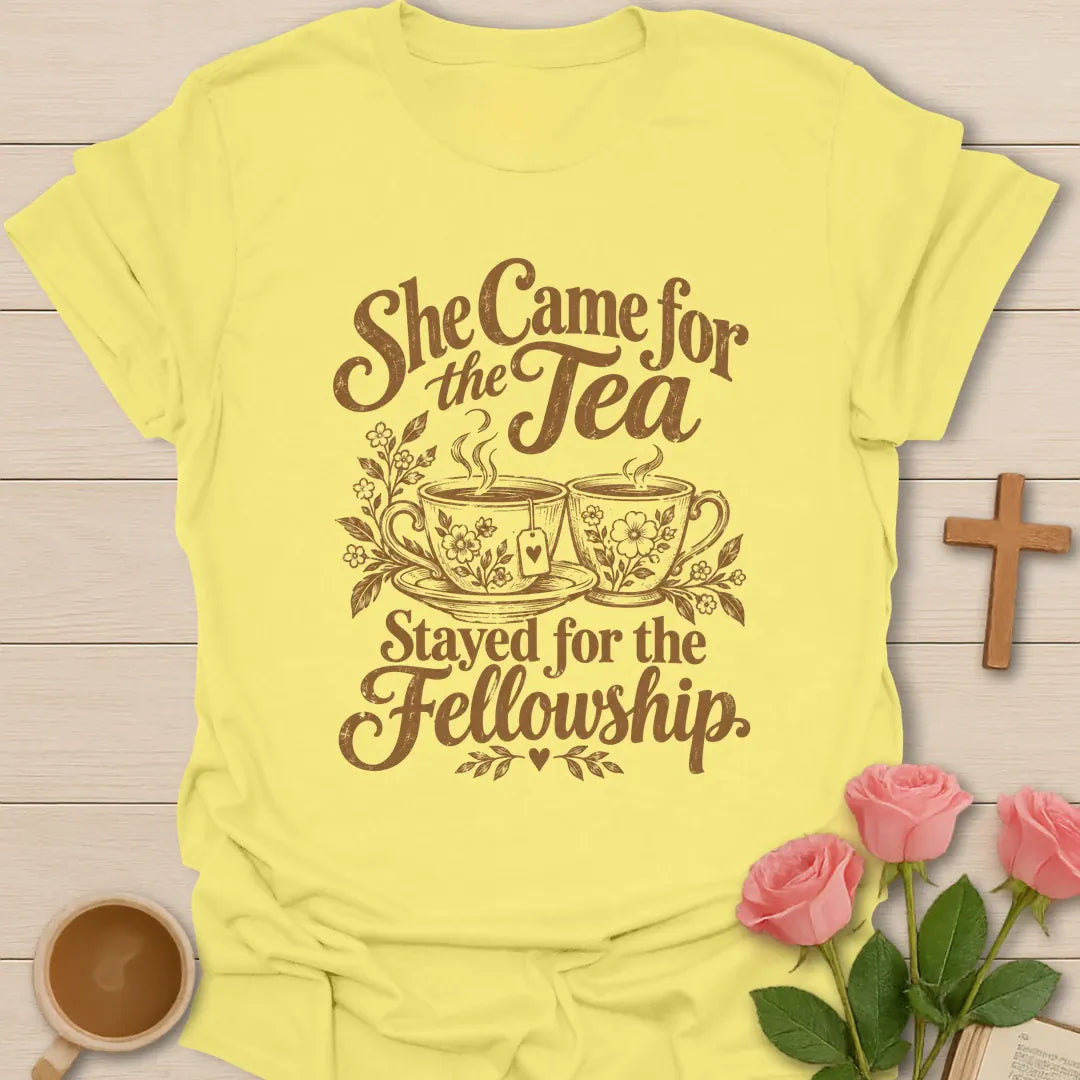 She Came For The Tea, Stayed For The Fellowship t-shirt with two steaming floral teacups - Cornsilk