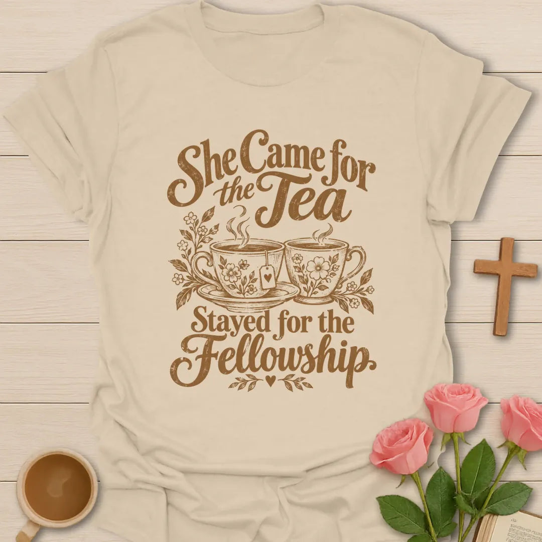 She Came For The Tea, Stayed For The Fellowship t-shirt with two steaming floral teacups - Sand