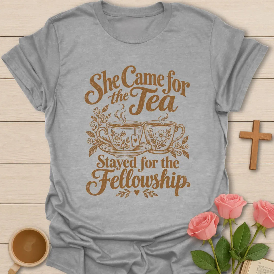 She Came For The Tea, Stayed For The Fellowship t-shirt with two steaming floral teacups - Sport Grey
