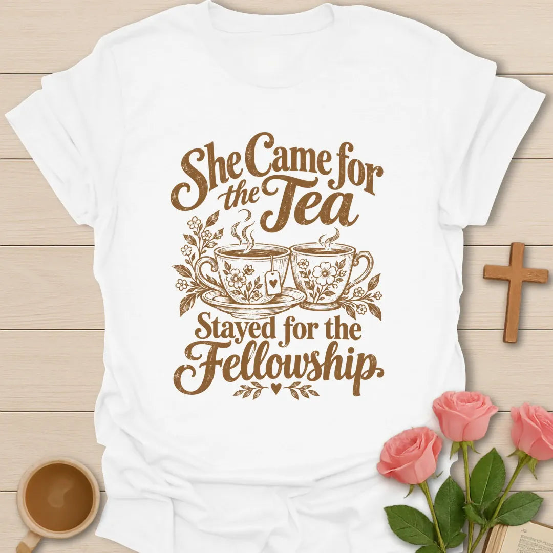 She Came For The Tea, Stayed For The Fellowship t-shirt with two steaming floral teacups - White
