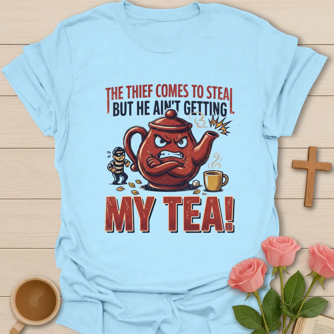 The Thief Comes In The Night t-shirt with faith-inspired design based on 1 Thessalonians 5:2 - Light Blue