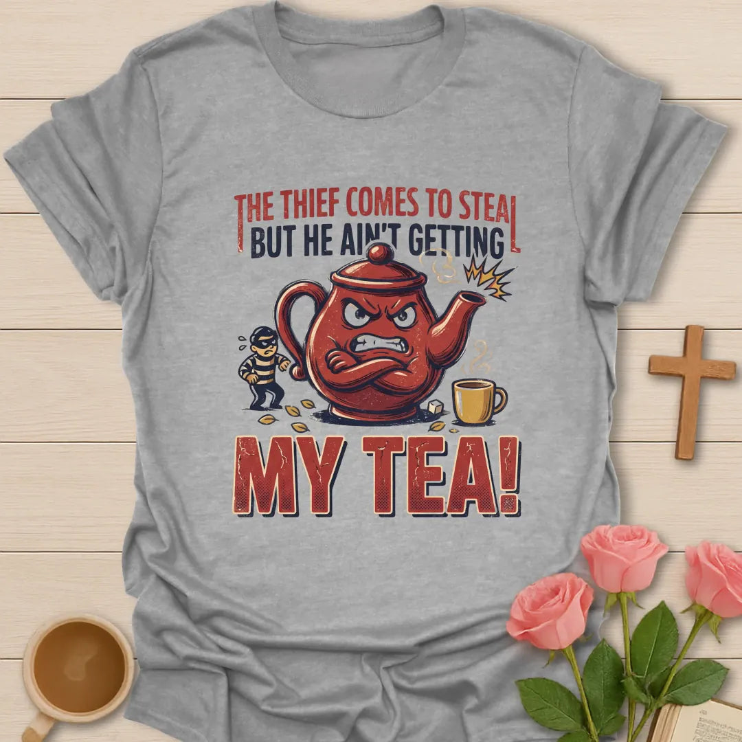The Thief Comes In The Night t-shirt with faith-inspired design based on 1 Thessalonians 5:2 - Sport Grey