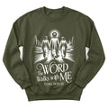 The Word Walks With Me sweatshirt with lamp, path and Scripture lettering - Military Green