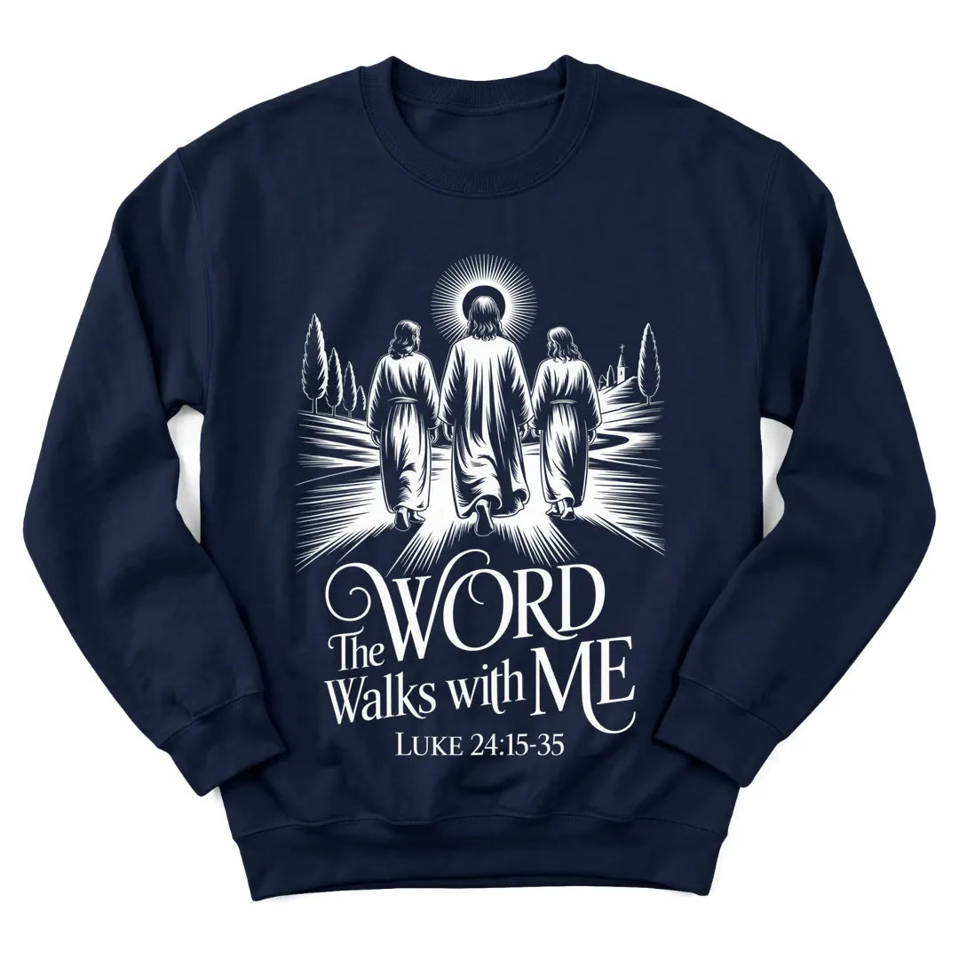 The Word Walks With Me sweatshirt with lamp, path and Scripture lettering - Navy