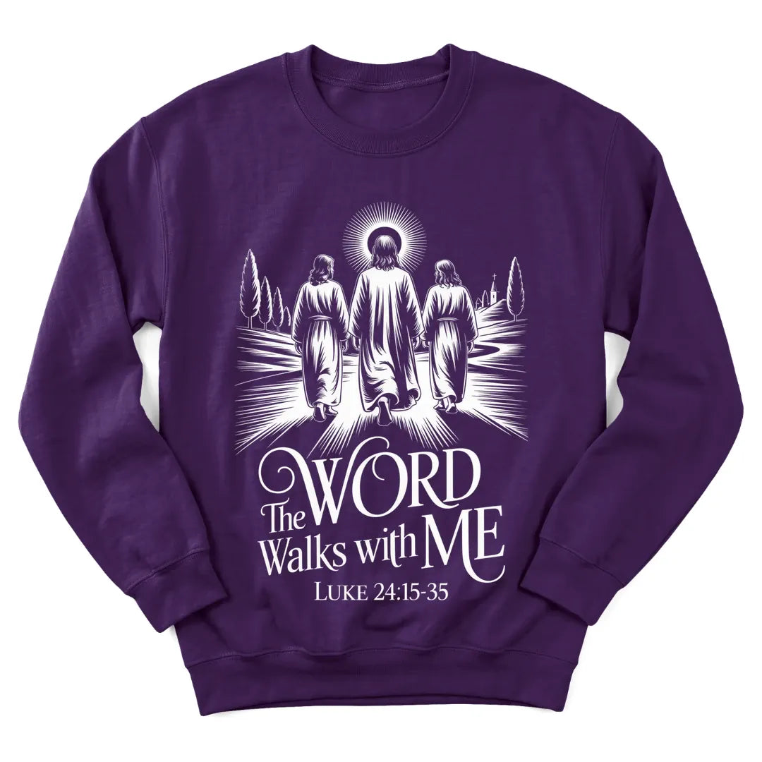 The Word Walks With Me sweatshirt with lamp, path and Scripture lettering - Purple