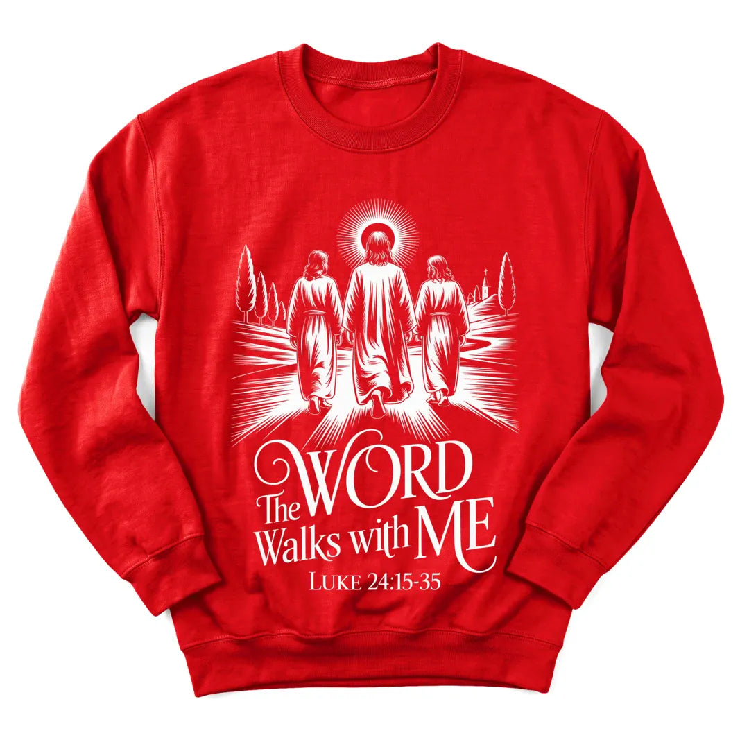 The Word Walks With Me sweatshirt with lamp, path and Scripture lettering - Red