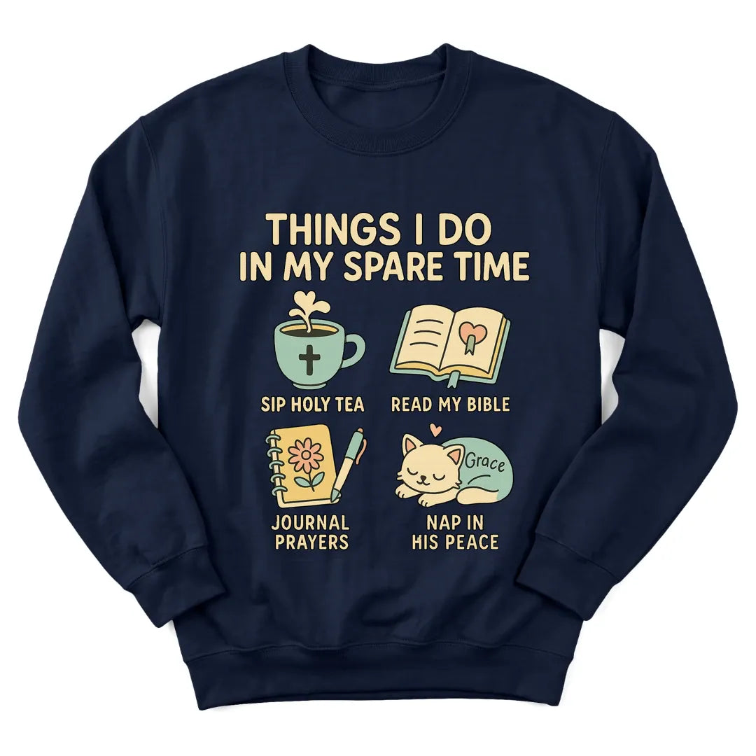 Things I Do In My Spare Time sweatshirt with checklist, Bible and teacup design - Navy