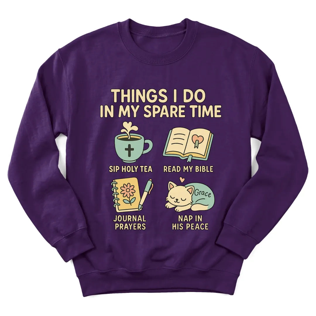 Things I Do In My Spare Time sweatshirt with checklist, Bible and teacup design - Purple