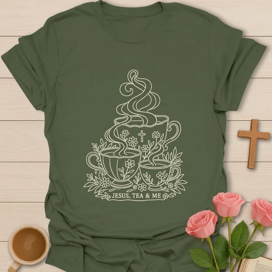 Three Cups of Grace shirt with teacup artwork and faith-inspired lettering. - Military Green