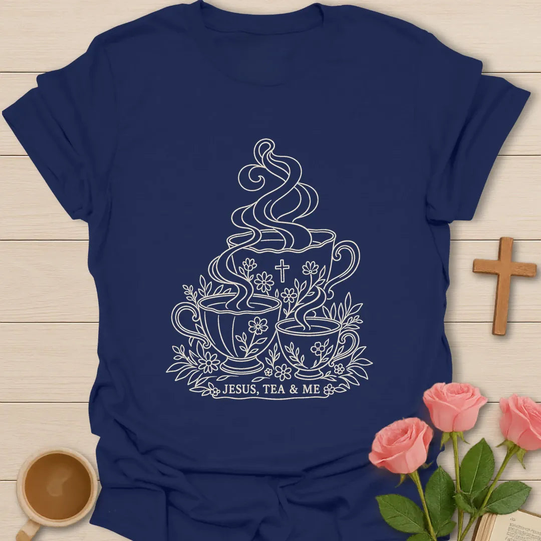 Three Cups of Grace shirt with teacup artwork and faith-inspired lettering. - Navy