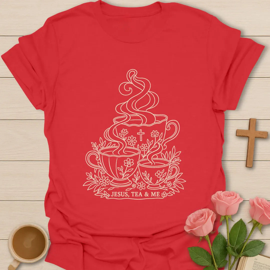 Three Cups of Grace shirt with teacup artwork and faith-inspired lettering. - Red