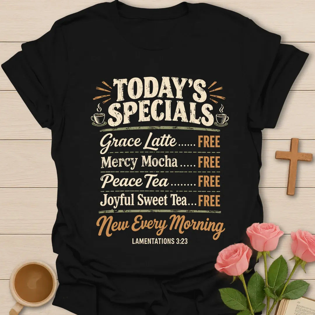 Today's Specials cafe menu Christian t-shirt listing Grace Latte, Mercy Mocha, Peace Tea and Joyful Sweet Tea as free, New Every Morning, Lamentations 3:23 - Black