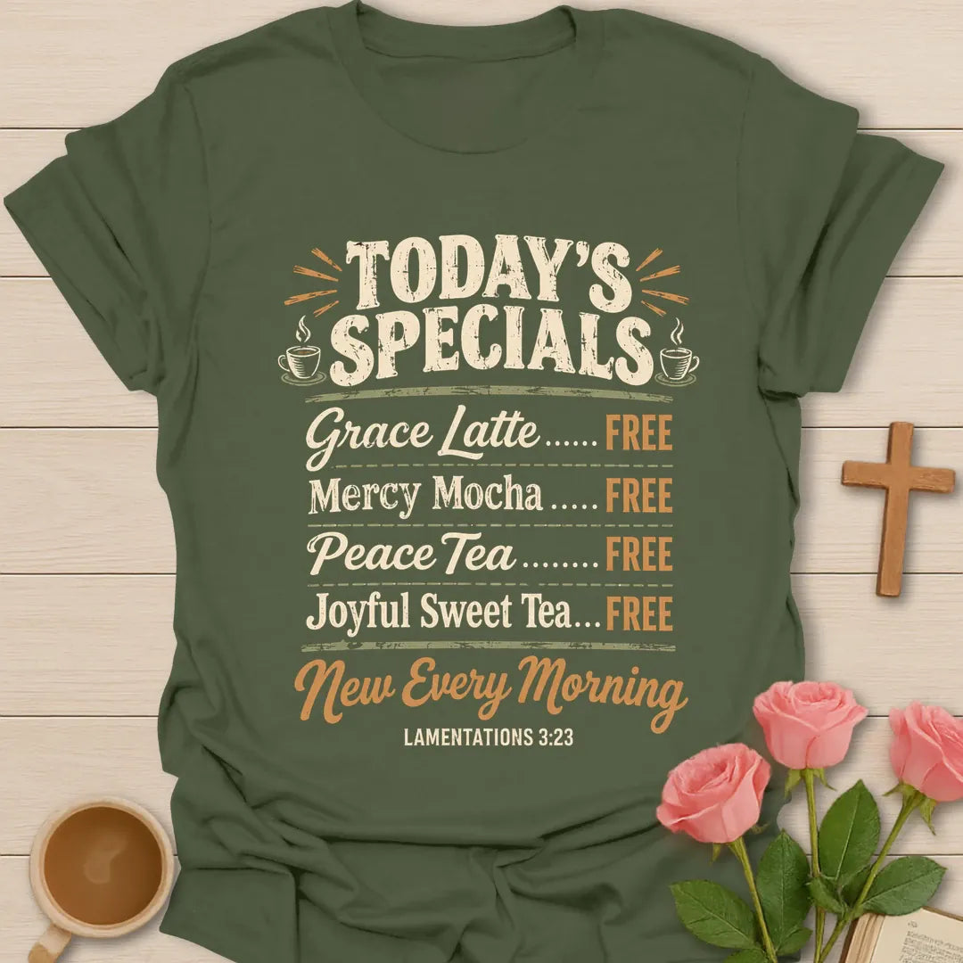 Today's Specials cafe menu Christian t-shirt listing Grace Latte, Mercy Mocha, Peace Tea and Joyful Sweet Tea as free, New Every Morning, Lamentations 3:23 - Military Green