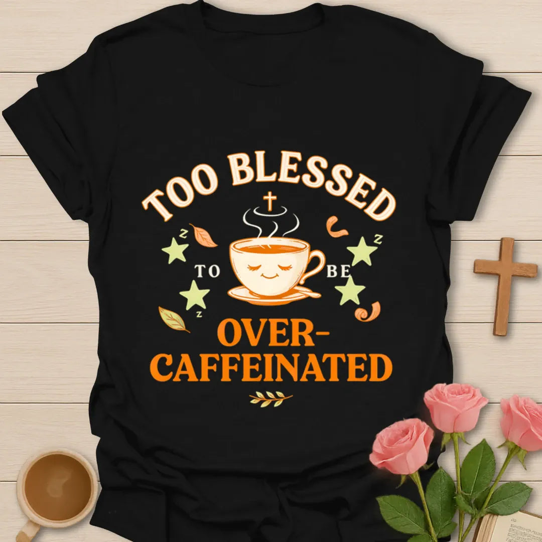 Too Blessed To Be Over Caffeinated Christian shirt with sleepy teacup, stars, leaves, and cross. - Black