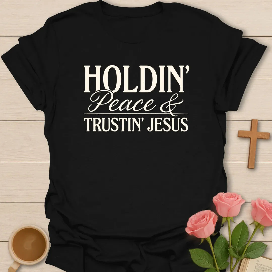 Trustin Jesus Peace shirt with large cream block lettering and simple vintage distressed typography. - Black