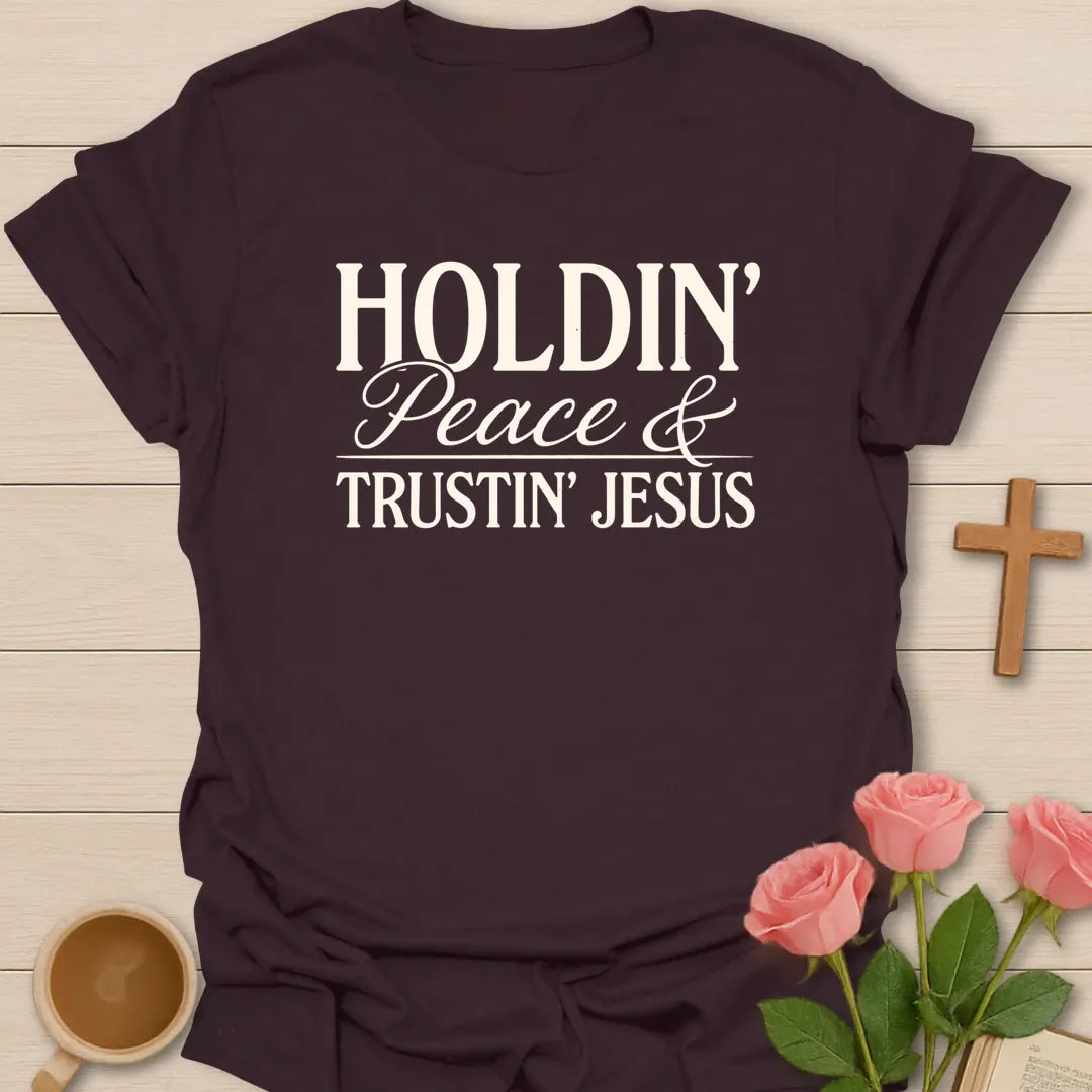 Trustin Jesus Peace shirt with large cream block lettering and simple vintage distressed typography. - Dark Chocolate