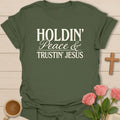 Trustin Jesus Peace shirt with large cream block lettering and simple vintage distressed typography. - Military Green