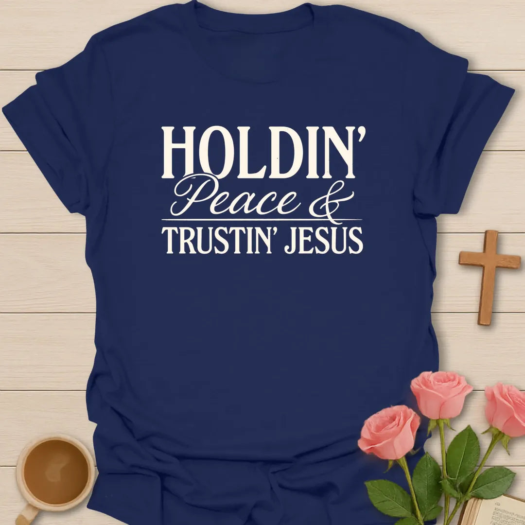 Trustin Jesus Peace shirt with large cream block lettering and simple vintage distressed typography. - Navy