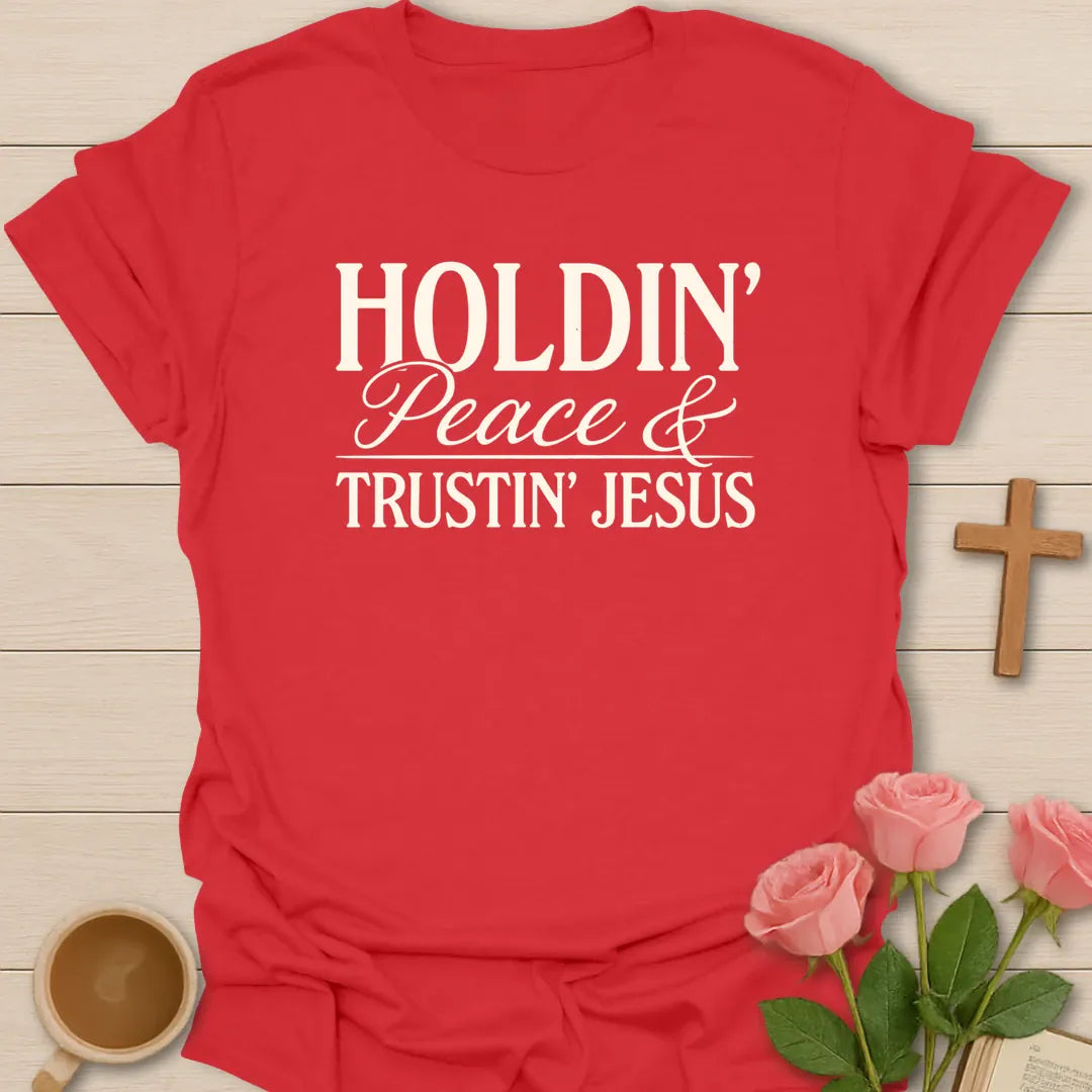 Trustin Jesus Peace shirt with large cream block lettering and simple vintage distressed typography. - Red