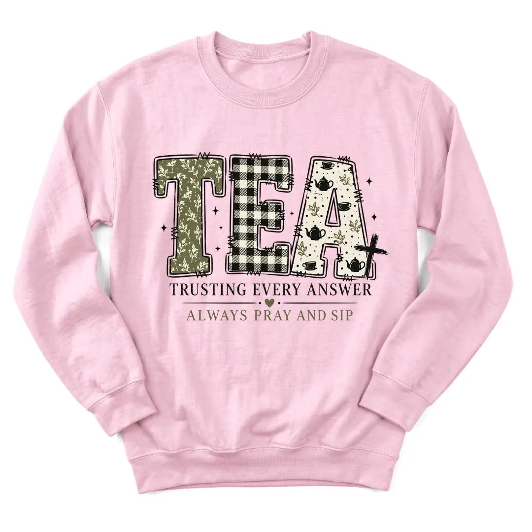 Trusting Every Answer tea sweatshirt with cozy teacup and faith message - Light Pink