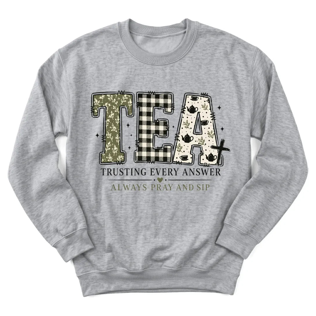 Trusting Every Answer tea sweatshirt with cozy teacup and faith message - Sport Grey