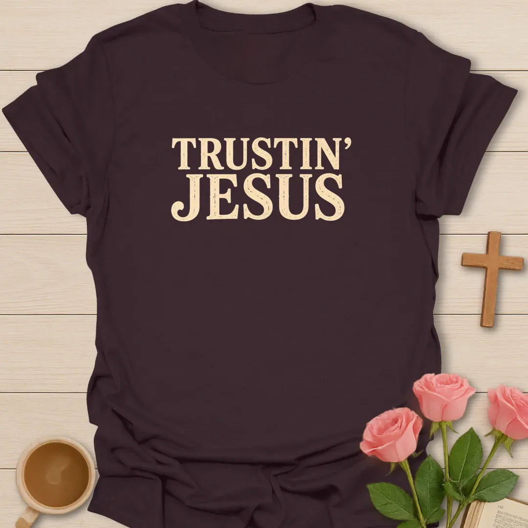 Trustin Jesus shirt with large cream vintage block lettering and distressed texture. - Dark Chocolate
