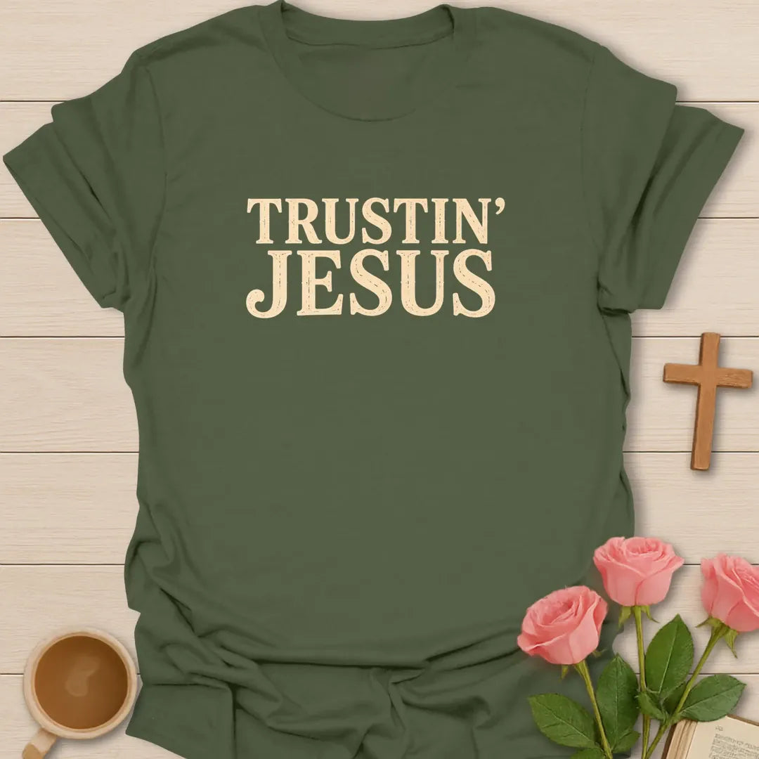 Trustin Jesus shirt with large cream vintage block lettering and distressed texture. - Military Green