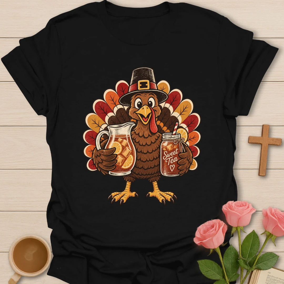 Turkey Sweet Tea t-shirt with Thanksgiving turkey and sweet tea faith design - Black