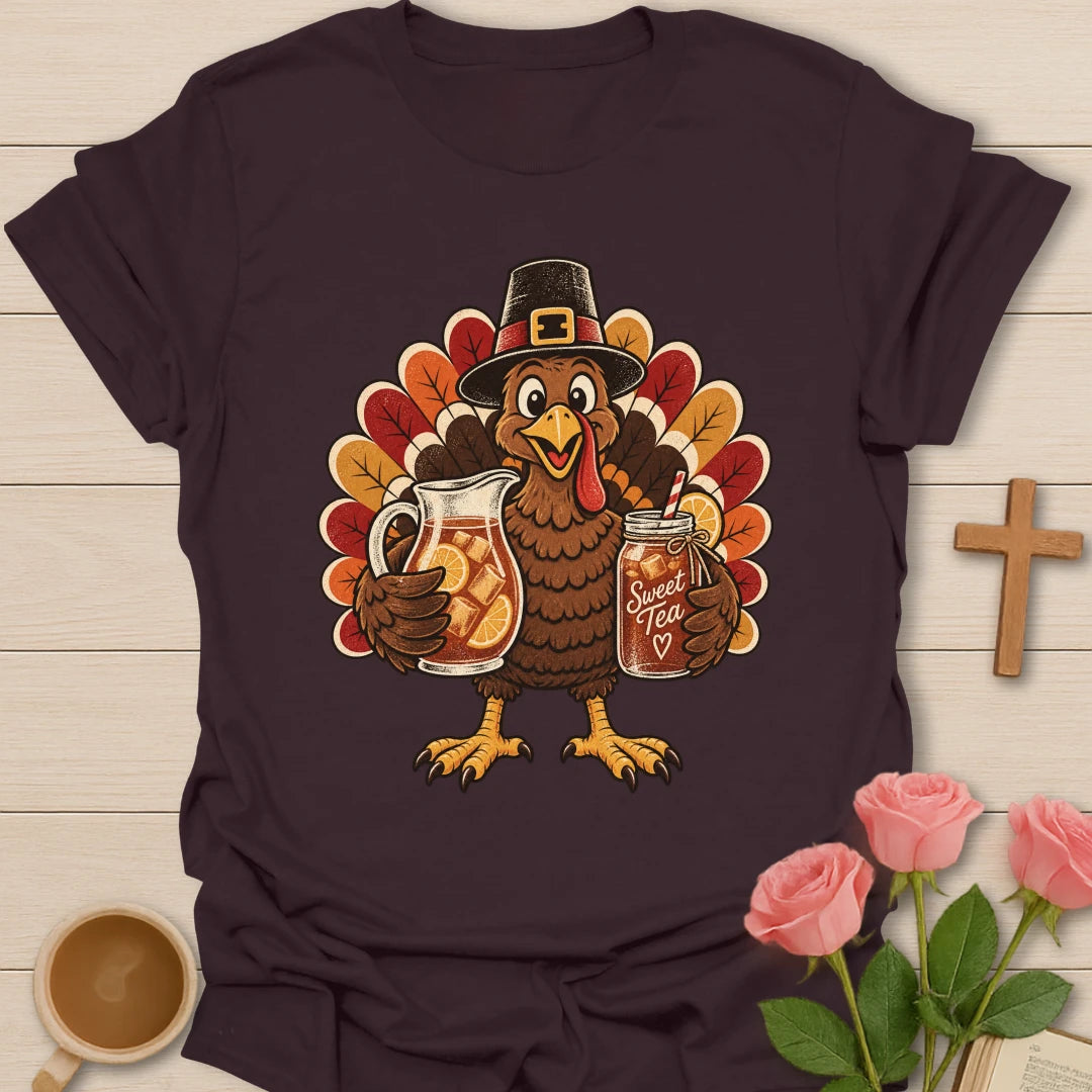 Turkey Sweet Tea t-shirt with Thanksgiving turkey and sweet tea faith design - Dark Chocolate