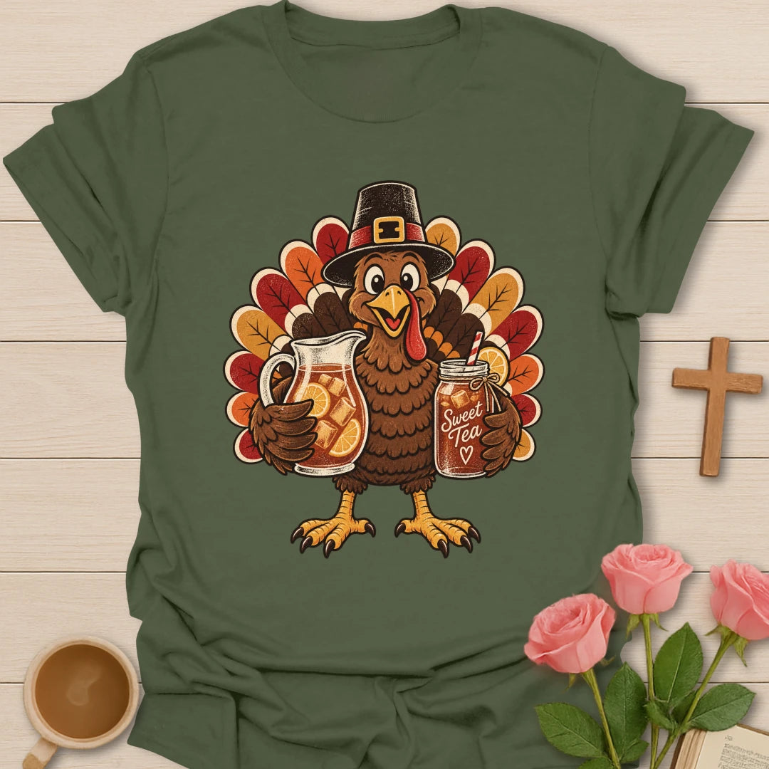 Turkey Sweet Tea t-shirt with Thanksgiving turkey and sweet tea faith design - Military Green
