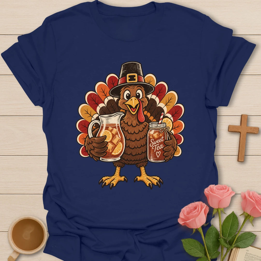 Turkey Sweet Tea t-shirt with Thanksgiving turkey and sweet tea faith design - Navy