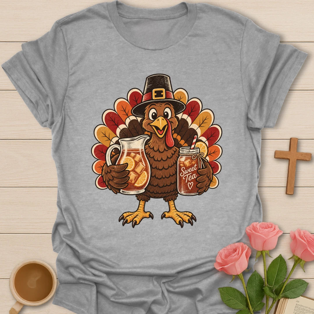 Turkey Sweet Tea t-shirt with Thanksgiving turkey and sweet tea faith design - Sport Grey
